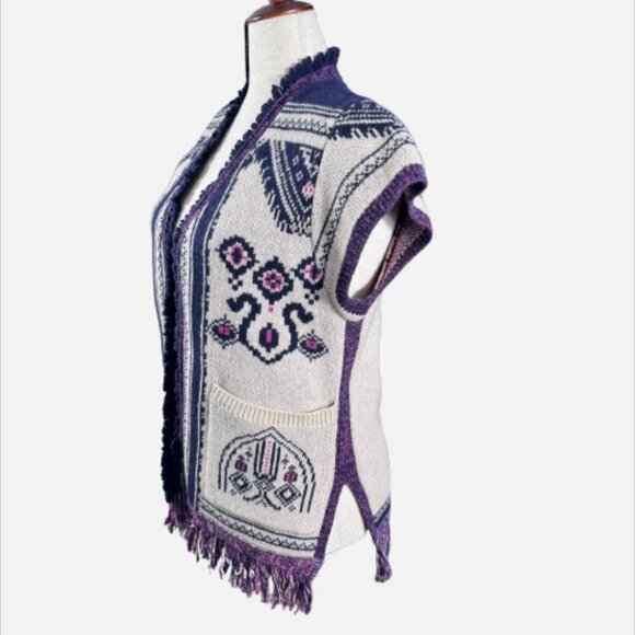 Anthropologie Angel of the North Wool Beige Plum Fringe Poncho Vest Cardigan - Picture 4 of 13